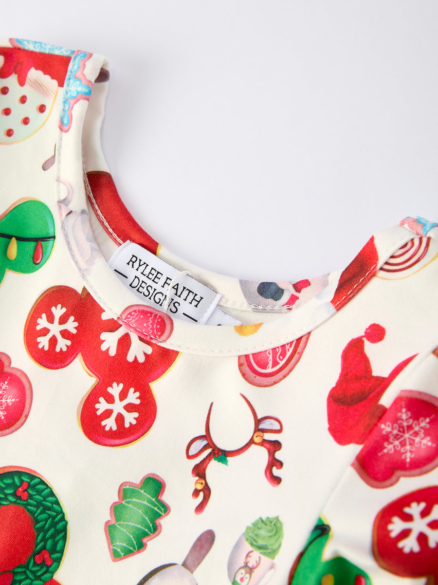 Christmas Character Cookie Print Girls Long Sleeve Dress