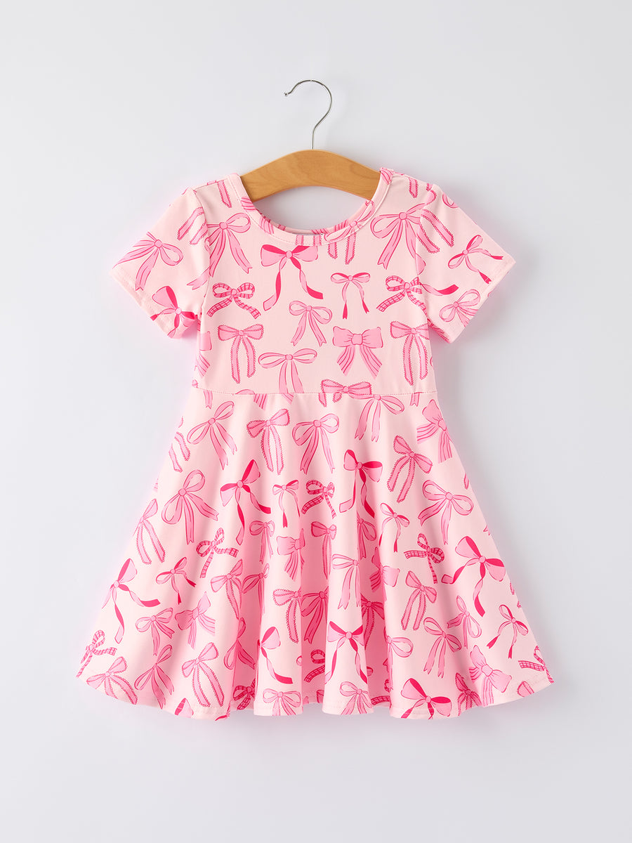 Girls Pink Dress with Bow Pattern - Cute Short Sleeve Outfit