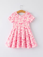 Girls Pink Dress with Bow Pattern - Cute Short Sleeve Outfit