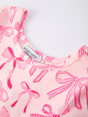 Girls Pink Dress with Bow Pattern - Cute Short Sleeve Outfit
