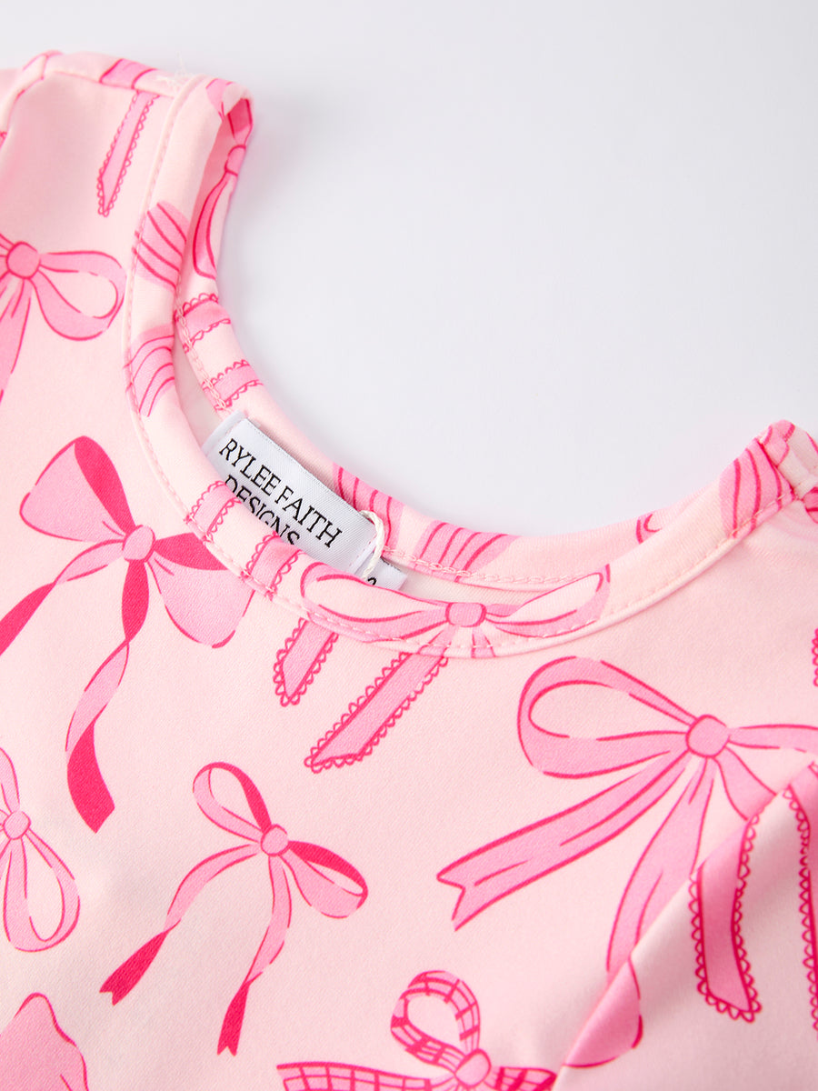 Girls Pink Dress with Bow Pattern - Cute Short Sleeve Outfit