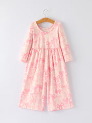 Girls Pink Bow Print Long Sleeve Jumpsuit