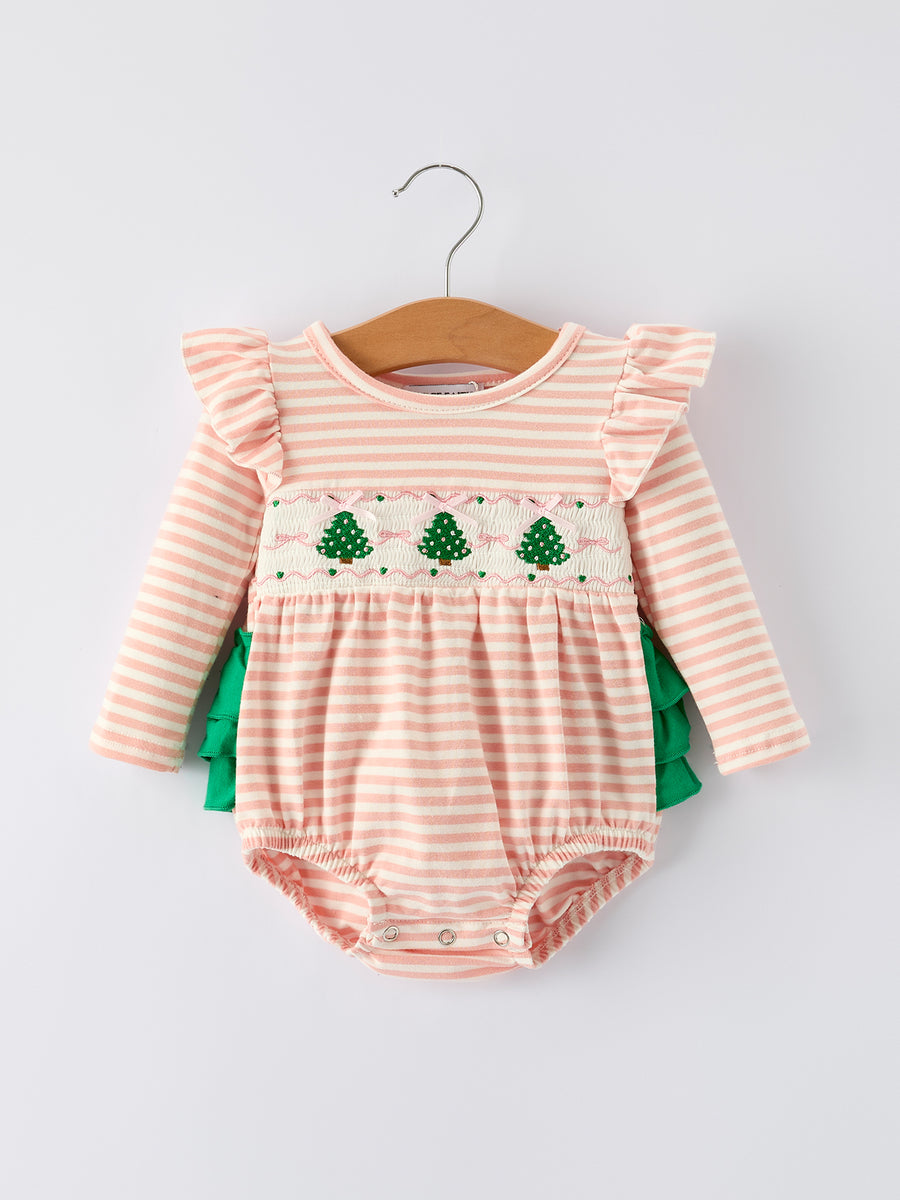 Christmas Tree Smocked Embroidery Stripe Baby Girls Romper