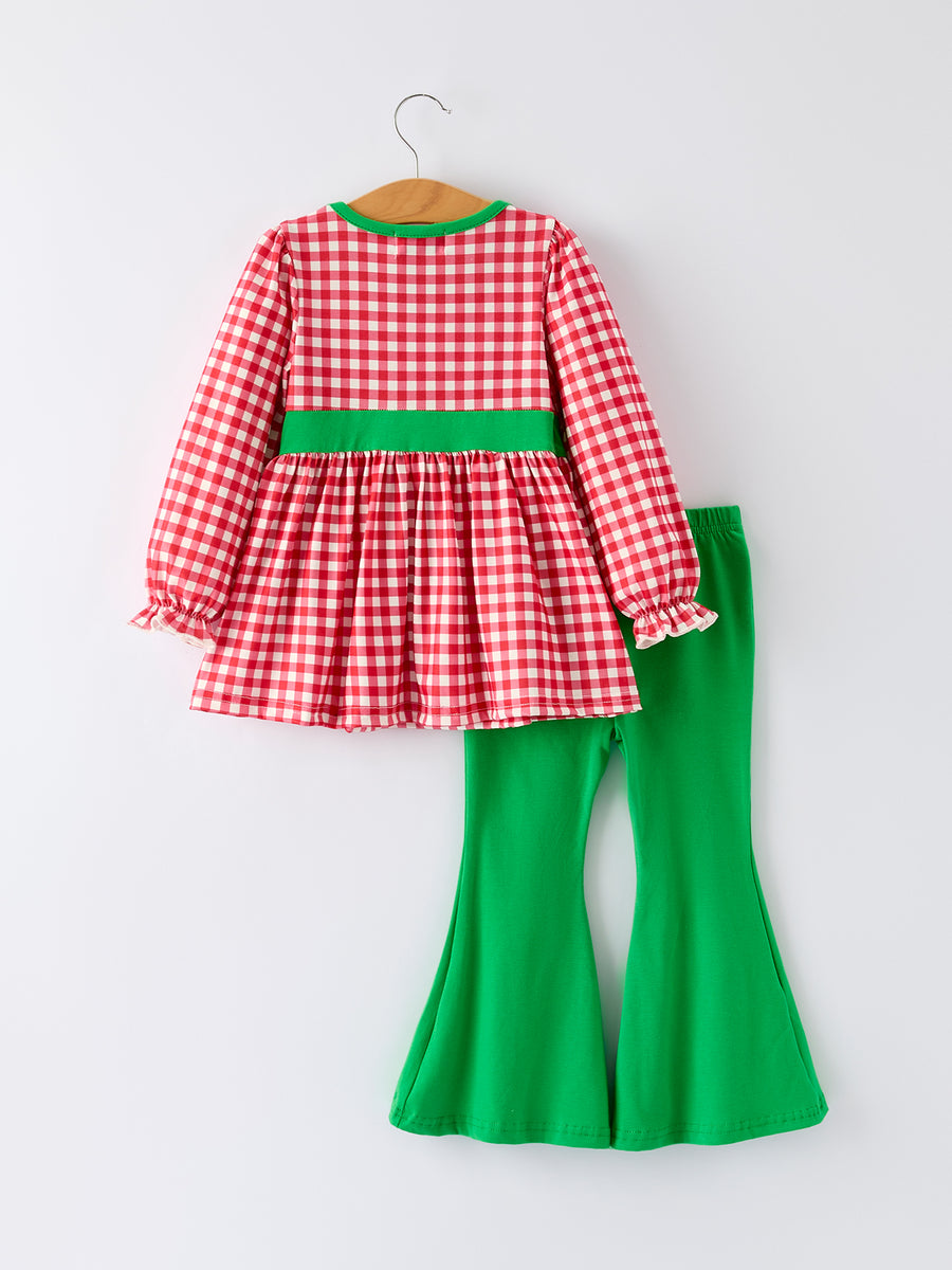 Christmas Tree Applique Red Plaid Top with Green Bell Bottom Pants Girls Set
