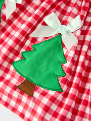 Christmas Tree Applique Red Plaid Top with Green Bell Bottom Pants Girls Set