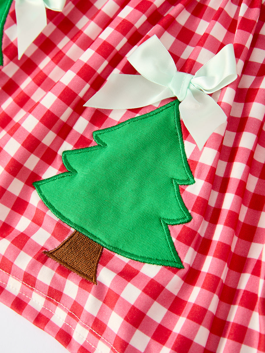 Christmas Tree Applique Red Plaid Top with Green Bell Bottom Pants Girls Set
