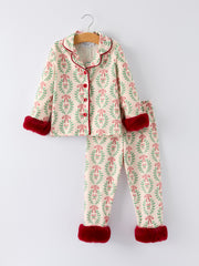 Christmas Long Sleeve Pajama Set with Red Cuffs and Festive Pattern