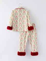 Christmas Long Sleeve Pajama Set with Red Cuffs and Festive Pattern