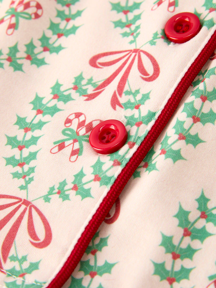 Christmas Long Sleeve Pajama Set with Red Cuffs and Festive Pattern