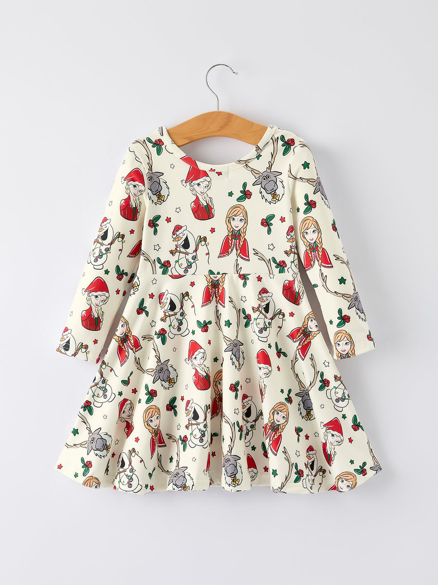 Christmas Girls Long Sleeve Dress with Character& Reindeer Print
