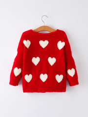 Valentine’s Day Girls Red Heart Pattern Fuzzy Knit Cardigan with Front Pockets