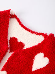 Valentine’s Day Girls Red Heart Pattern Fuzzy Knit Cardigan with Front Pockets