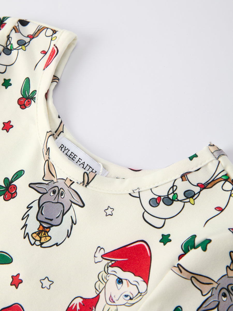 Christmas Girls Long Sleeve Dress with Character& Reindeer Print