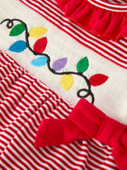 Holiday Baby Girls Romper with Embroidered Christmas Lights and Red Bow Details