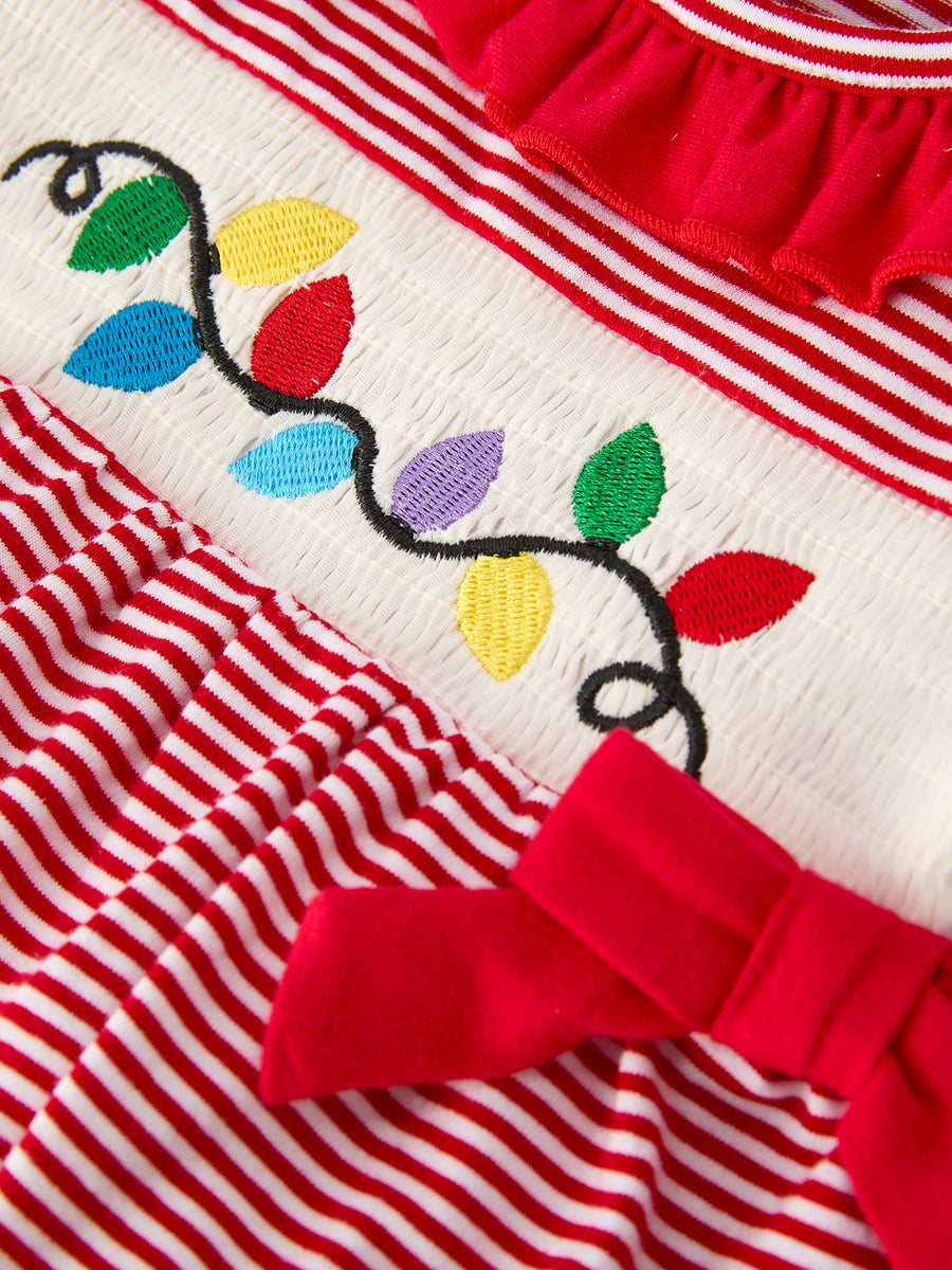 Holiday Baby Girls Romper with Embroidered Christmas Lights and Red Bow Details