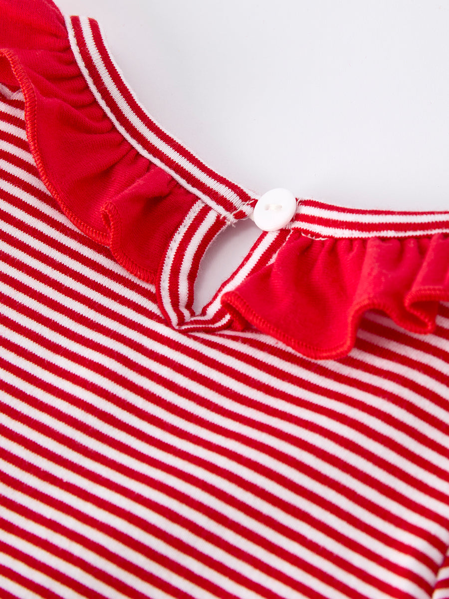 Holiday Baby Girls Romper with Embroidered Christmas Lights and Red Bow Details