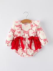 Girls Valentine Romper with Heart Print and Bowknot Design
