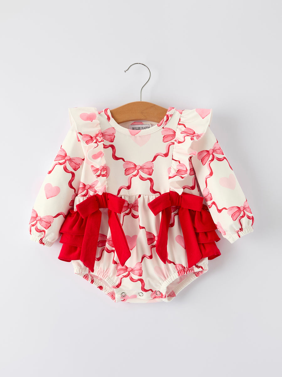 Girls Valentine Romper with Heart Print and Bowknot Design