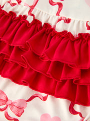 Girls Valentine Romper with Heart Print and Bowknot Design