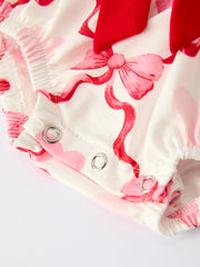 Girls Valentine Romper with Heart Print and Bowknot Design