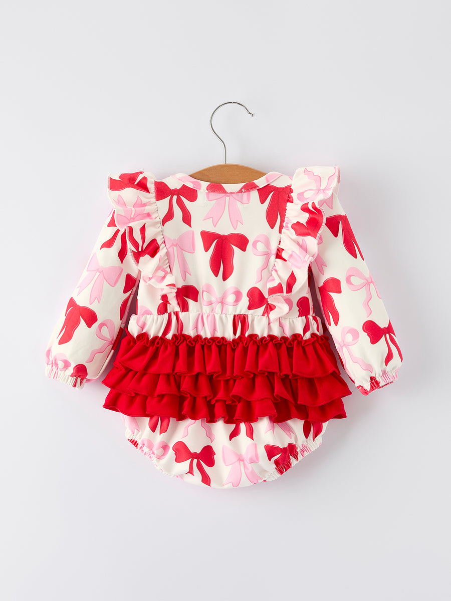 Baby Girls Valentine’s Bow Print Long Sleeve Ruffle Romper
