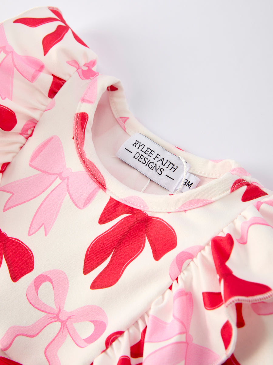 Baby Girls Valentine’s Bow Print Long Sleeve Ruffle Romper