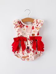 Baby Girl Romper with Red Bows Baseball Print