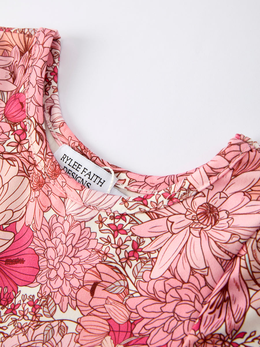 Fall Sweet Floral Pattern Dress with Pockets and Ruffle Hem for Girls