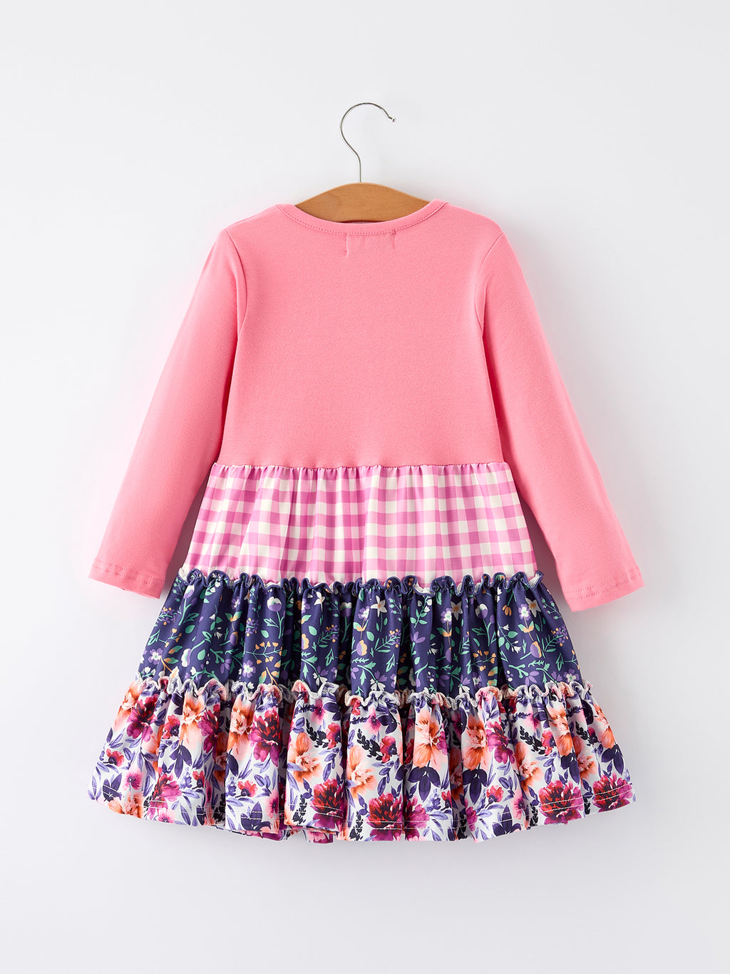 Pink Autumn Patchwork Floral & Plaid Long Sleeve Girls Dress 3