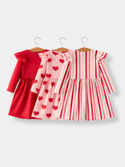 Valentine’s Girls Long Sleeve 3-Piece Dress Set with Hearts and Stripes
