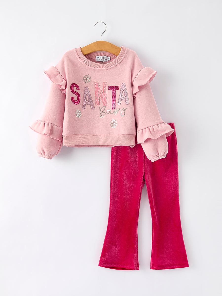 Girls Christmas Outfit – Pink “Santa Baby” Ruffle Sweatshirt & Velvet Bell-Bottom Pants Set