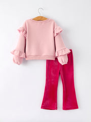 Girls Christmas Outfit – Pink “Santa Baby” Ruffle Sweatshirt & Velvet Bell-Bottom Pants Set