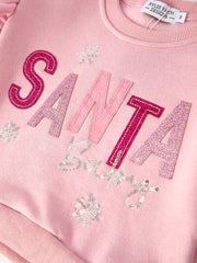 Girls Christmas Outfit – Pink “Santa Baby” Ruffle Sweatshirt & Velvet Bell-Bottom Pants Set