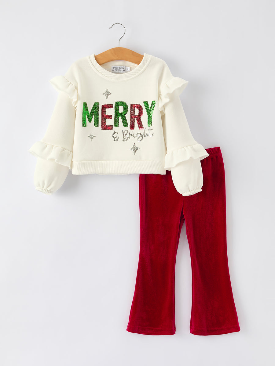 Holiday Party Girls Christmas Outfit Ruffle Top & Velvet Pants