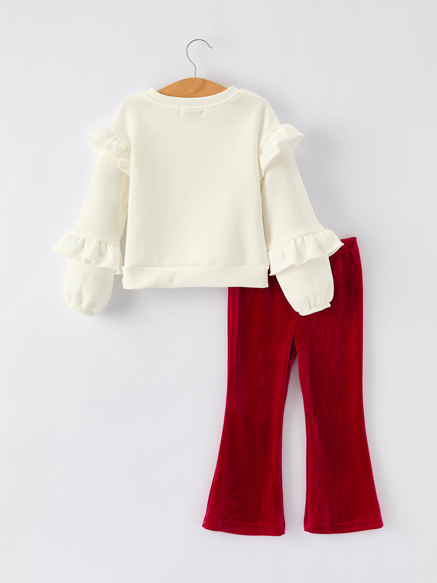 Holiday Party Girls Christmas Outfit Ruffle Top & Velvet Pants