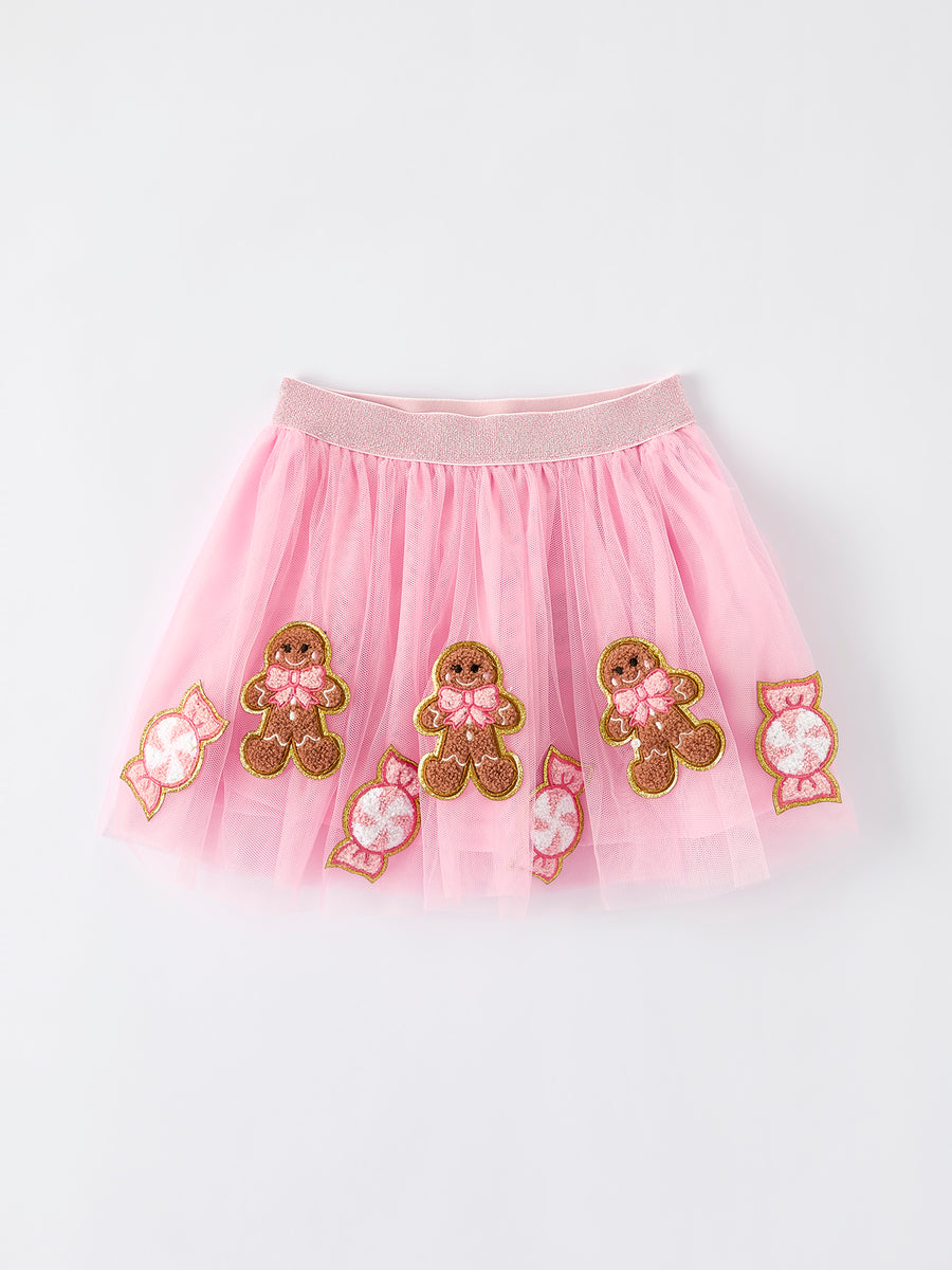 Girls Christmas Tutu Skirt – Pink Mesh with Gingerbread & Candy Applique