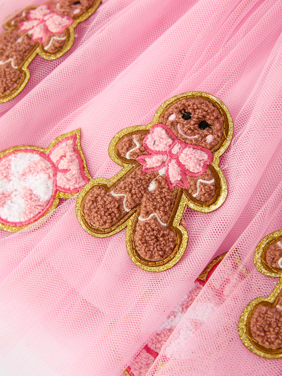 Girls Christmas Tutu Skirt – Pink Mesh with Gingerbread & Candy Applique