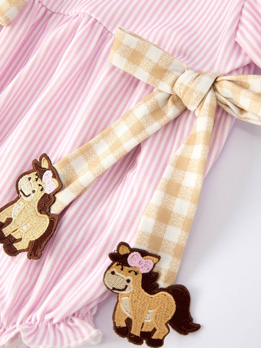 Farm Horse Bow Baby Girls Romper – Pink Plaid
