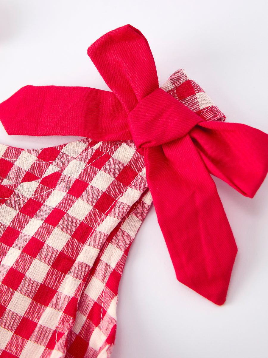 Valentine’s Day Red Plaid Heart Applique Dress with Bows – Toddler Girls Outfit