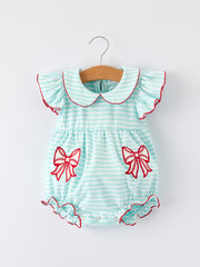 Striped Casual Outfit with Baseball Bow Applique Lapel Girls Romper