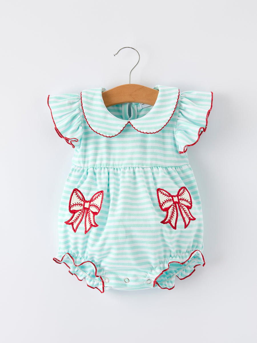 Striped Casual Outfit with Baseball Bow Applique Lapel Girls Romper