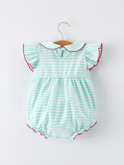 Striped Casual Outfit with Baseball Bow Applique Lapel Girls Romper