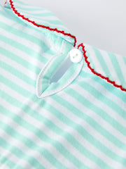 Striped Casual Outfit with Baseball Bow Applique Lapel Girls Romper