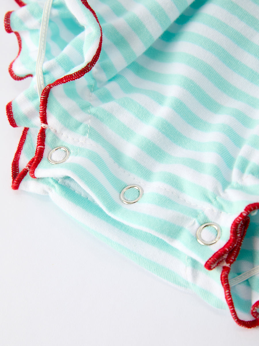 Striped Casual Outfit with Baseball Bow Applique Lapel Girls Romper