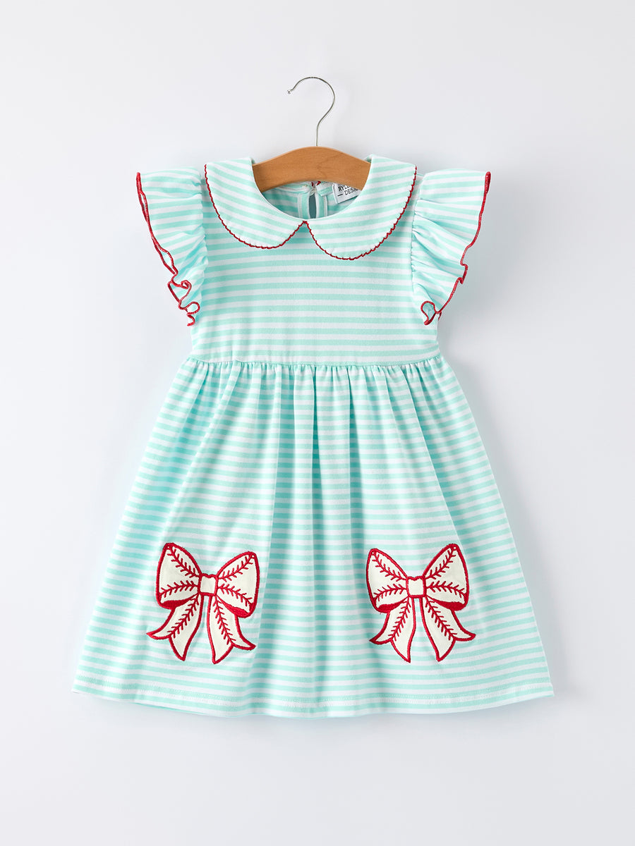 Striped Casual Outfit with Bow Applique Lapel Girls Dress