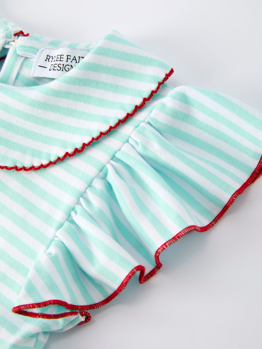 Striped Casual Outfit with Bow Applique Lapel Girls Dress