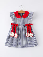 Girls Baseball Team Outfit – Striped Ruffle Sleeve Dress with Ball Design