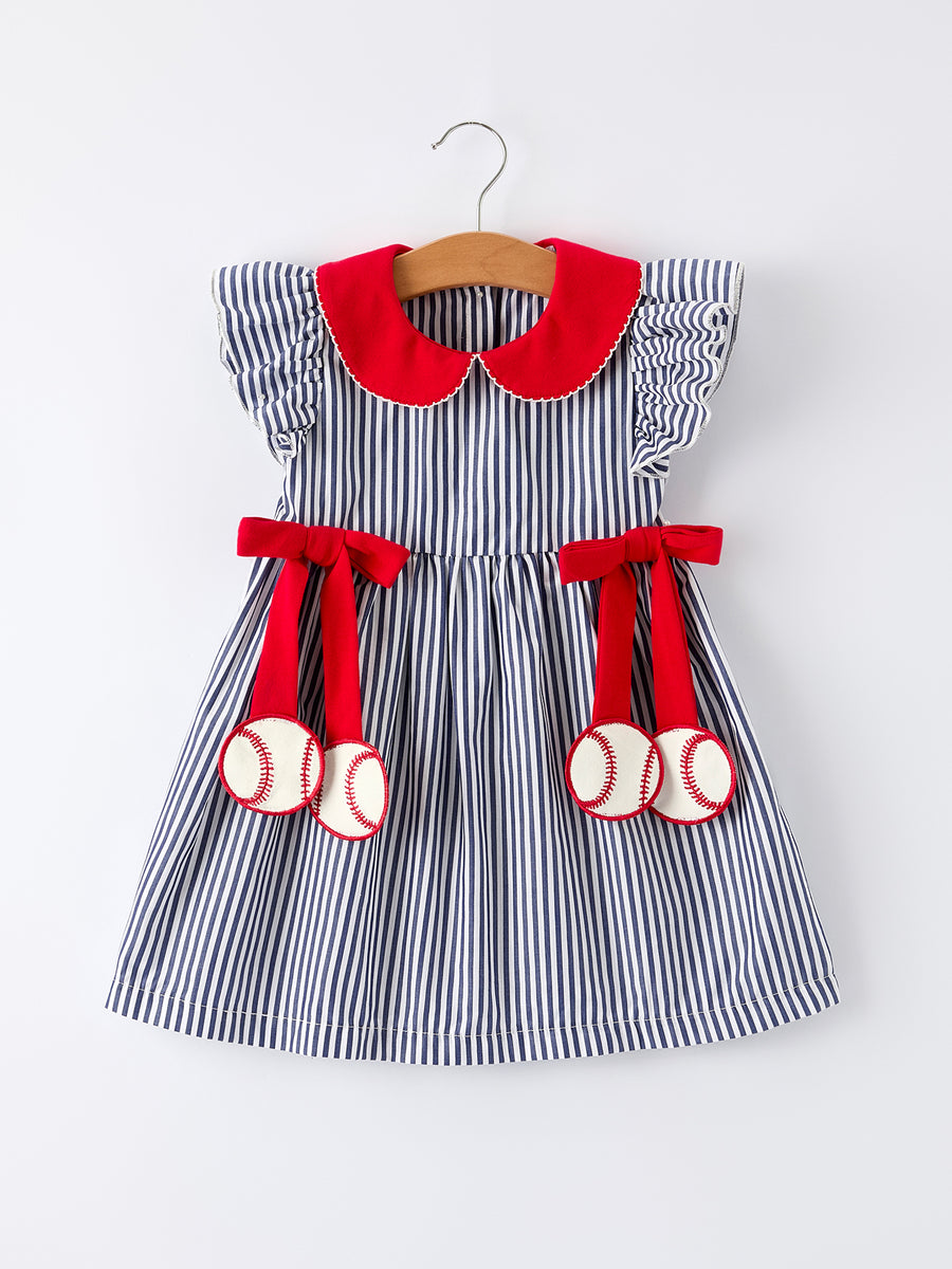 Girls Baseball Team Outfit – Striped Ruffle Sleeve Dress with Ball Design