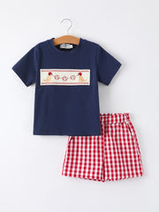 Toddler Boys Outfit – Baseball Dog Smocked Top and Plaid Shorts