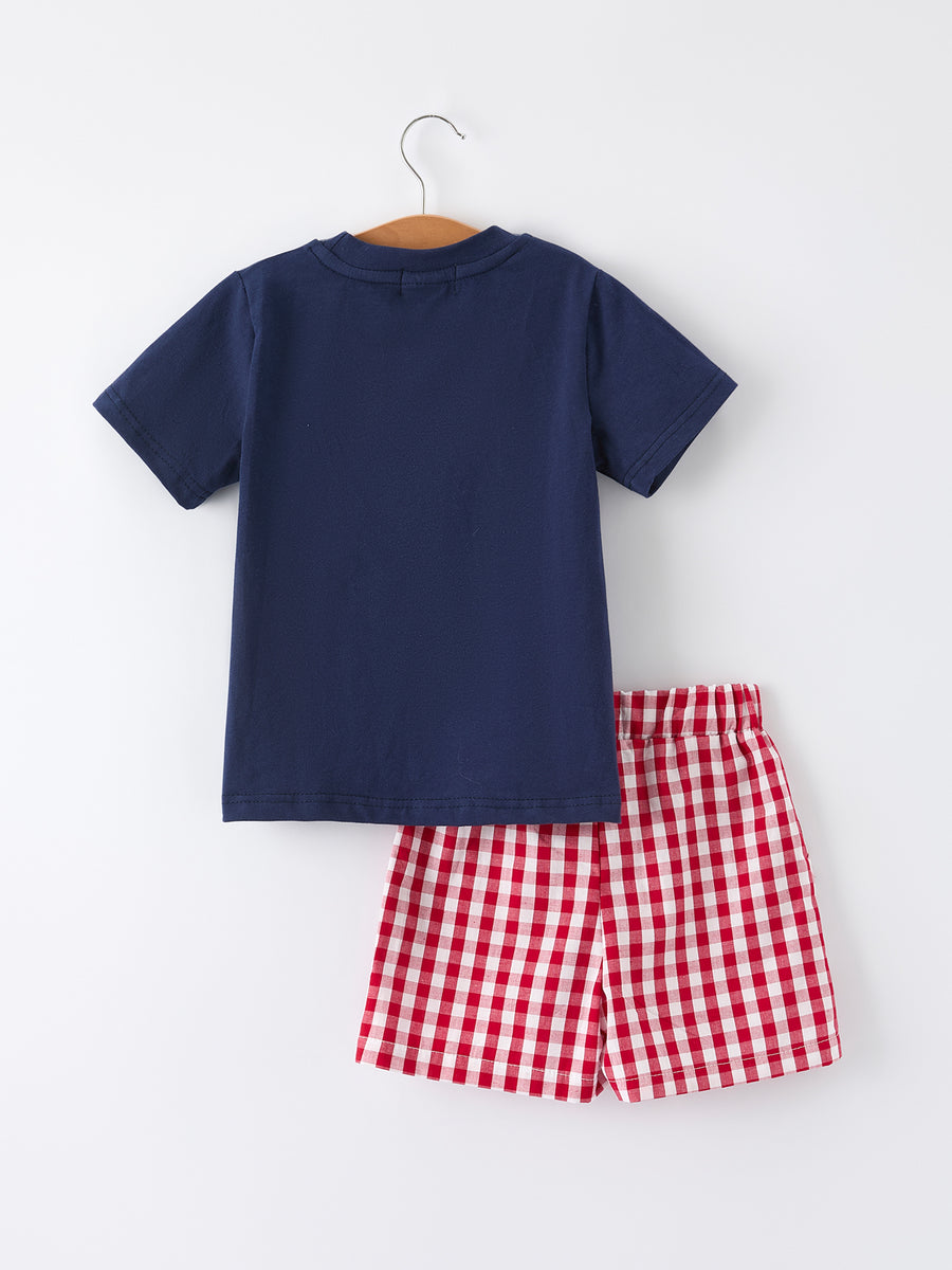 Toddler Boys Outfit – Baseball Dog Smocked Top and Plaid Shorts